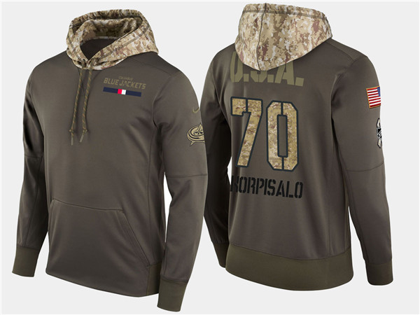  Blue Jackets 70 Joonas Korpisalo Olive Salute To Service Pullover Hoodie