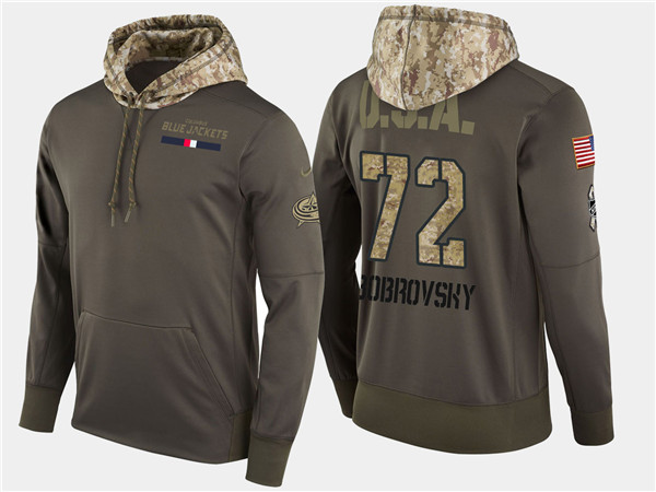  Blue Jackets 72 Sergei Bobrovsky Olive Salute To Service Pullover Hoodie