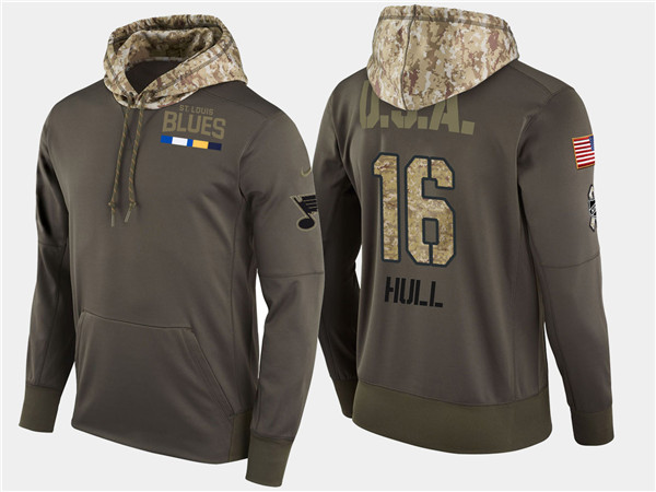  Blues 16 Brett Hull Retired Olive Salute To Service Pullover Hoodie