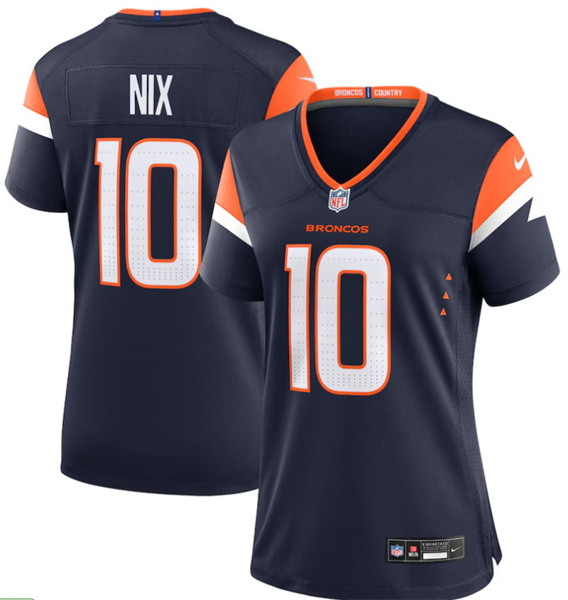 Nike Broncos 10 Bo Nix Navy Alternate Women Game  Jersey