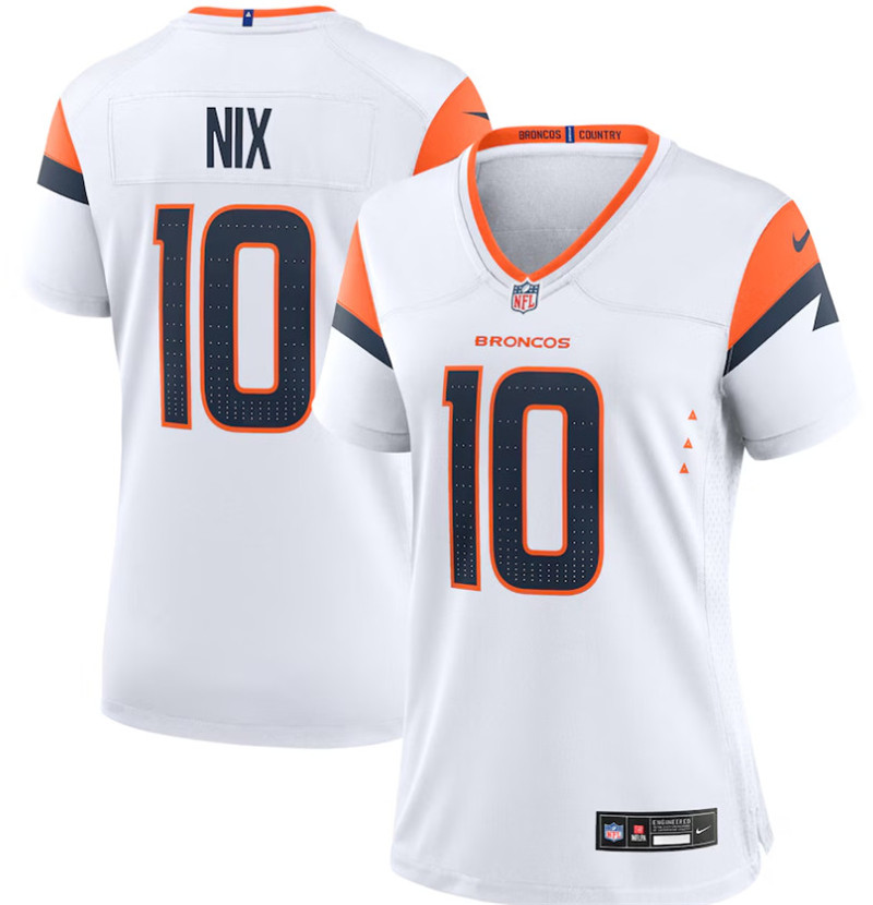 Nike Broncos 10 Bo Nix White Women Game Jersey