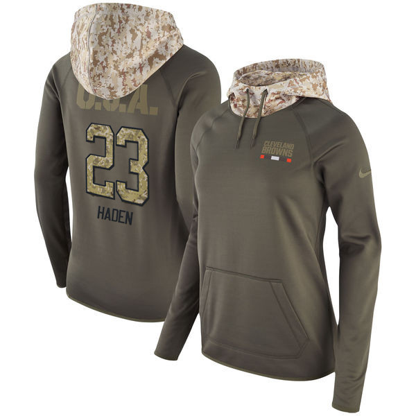  Browns 23 Joe Haden Olive Women Salute To Service Pullover Hoodie