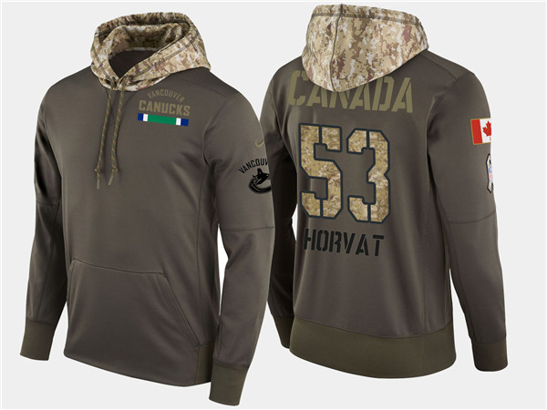  Canucks 53 Bo Horvat Olive Salute To Service Pullover Hoodie