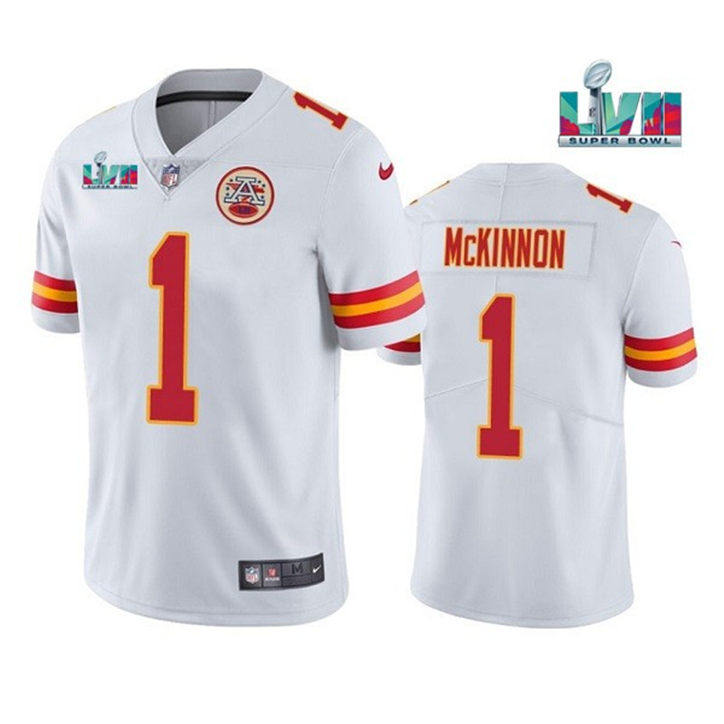 Nike Chiefs 1 Jerick McKinnon White 2023 Super Bowl LVII Vapor Limited Jersey