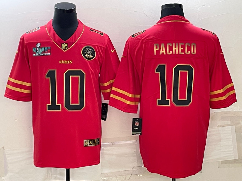 Nike Chiefs 10 Isiah Pacheco Red Gold 2023 Super Bowl LVII Vapor Limited Jersey