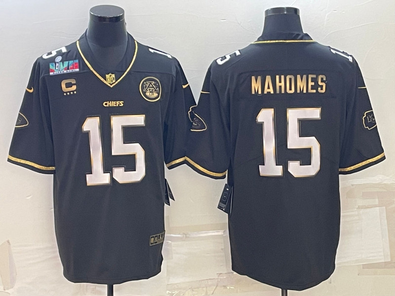 Nike Chiefs 15 Patrick Mahomes Black Gold 2023 Super Bowl LVII C patch Vapor Limited Jersey