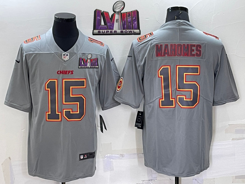 Nike Chiefs 15 Patrick Mahomes Gray 2024 Super Bowl LVIII Atmosphere Fashion Vapor Limited Jersey