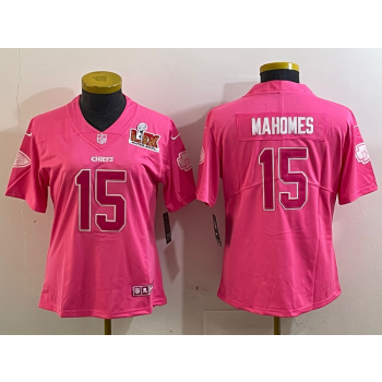 Nike Chiefs 15 Patrick Mahomes Pink 2025 Super Bowl Vapor Limited Women Jersey