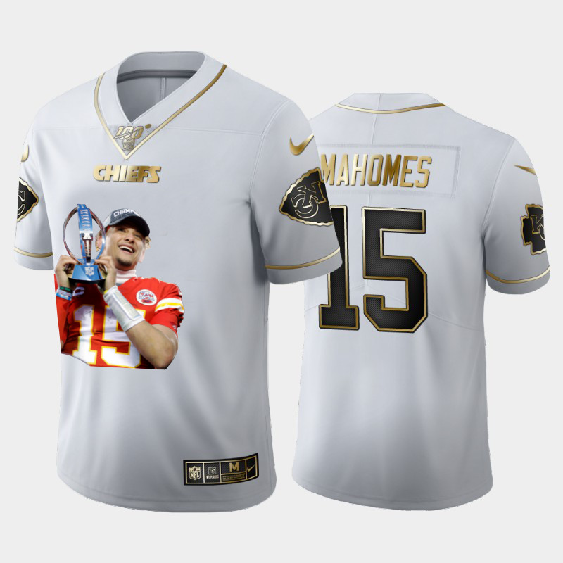 Nike Chiefs 15 Patrick Mahomes White Gold Player Name Logo 100th Season Vapor Untouchable Limited Jersey