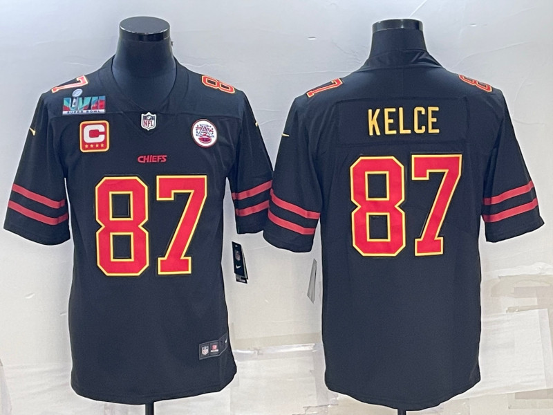 Nike Chiefs 87 Travis Kelce Black 2023 Super Bowl LVII C patch Vapor Limited Jersey