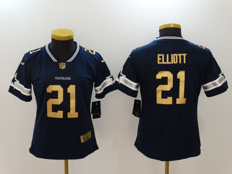  Cowboys 21 Ezekiel Elliott Navy Gold Color Rush Women Limited Jersey