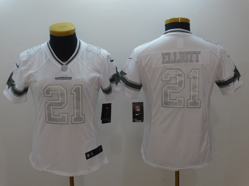  Cowboys 21 Ezekiel Elliott White Women Platinum Limited Jersey