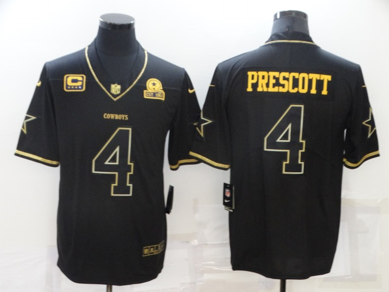 Nike Cowboys 4 Dak Prescott Black Gold C And Est 1960 Patch Vapor Limited Jersey