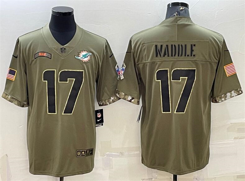 Nike Dolphins 17 Jaylen Waddle Olive 2022 Salute To Service Limited Jersey