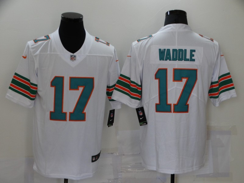 Nike Dolphins 17 Jaylen Waddle White Throwback Vapor Limited Jersey