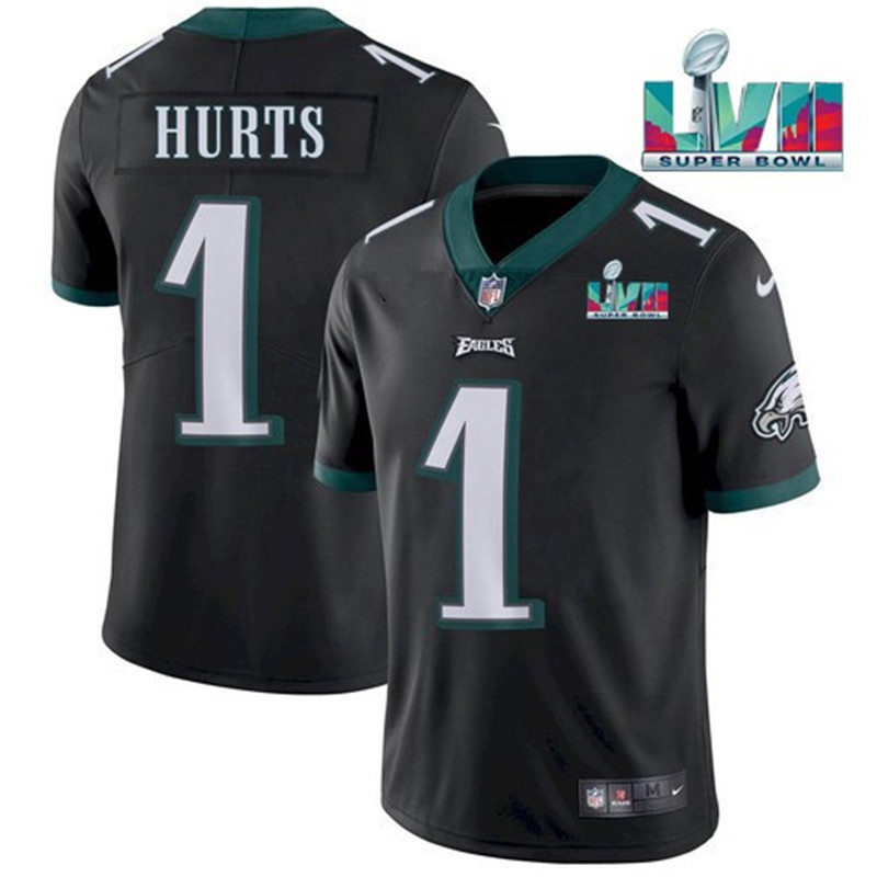 Nike Eagles 1 Jalen Hurts Black 2023 Super Bowl LVII Vapor Limited Jersey