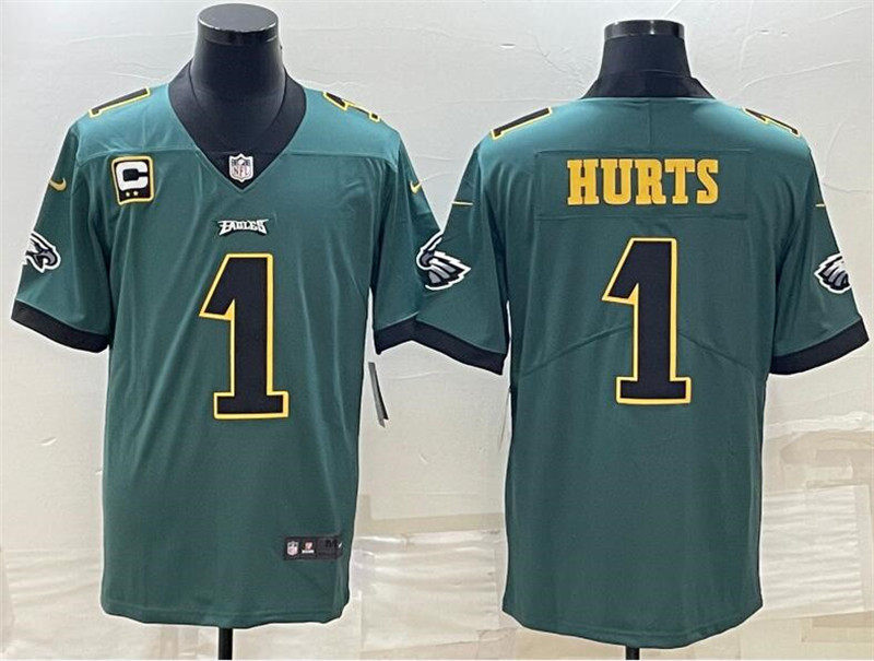 Nike Eagles 1 Jalen Hurts Green Gold C Patch Vapor Limited Jersey