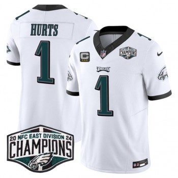 Nike Eagles 1 Jalen Hurts White 2024 NFC East Champions with C Patch F.U.S.E. Vapor Limited Men Jersey