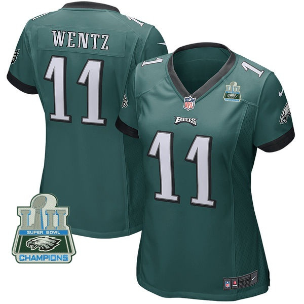  Eagles 11 Carson Wentz Green Women 2018 Super Bowl Champions Game Jersey