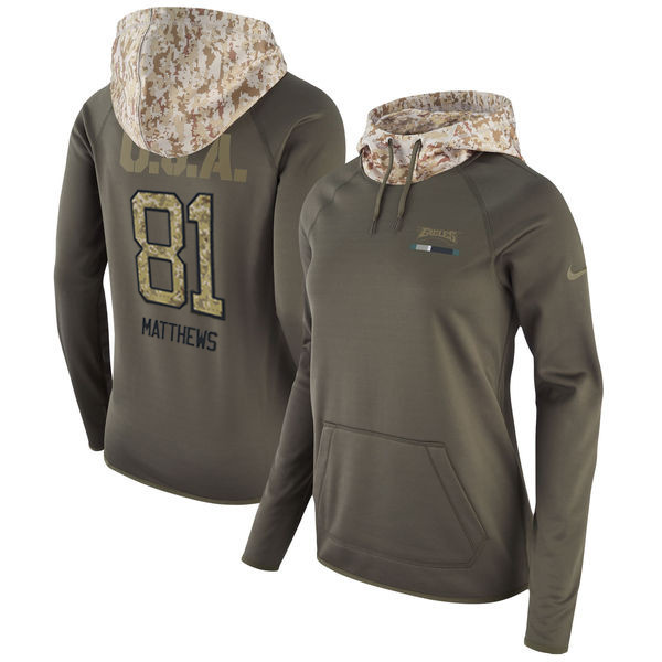  Eagles 81 Jordan Matthews Olive Women Salute To Service Pullover Hoodie