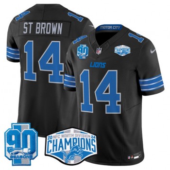 Nike Lions 14 Amon Ra St. Brown Black 2024 NFC North Champions 90th Anniversary Patch F.U.S.E. Vapor Limited Men Jersey