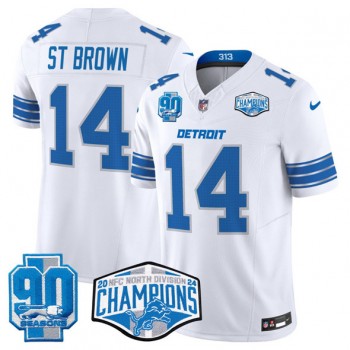 Nike Lions 14 Amon Ra St. Brown White 2024 NFC North Champions 90th Anniversary Patch F.U.S.E. Vapor Limited Men Jersey