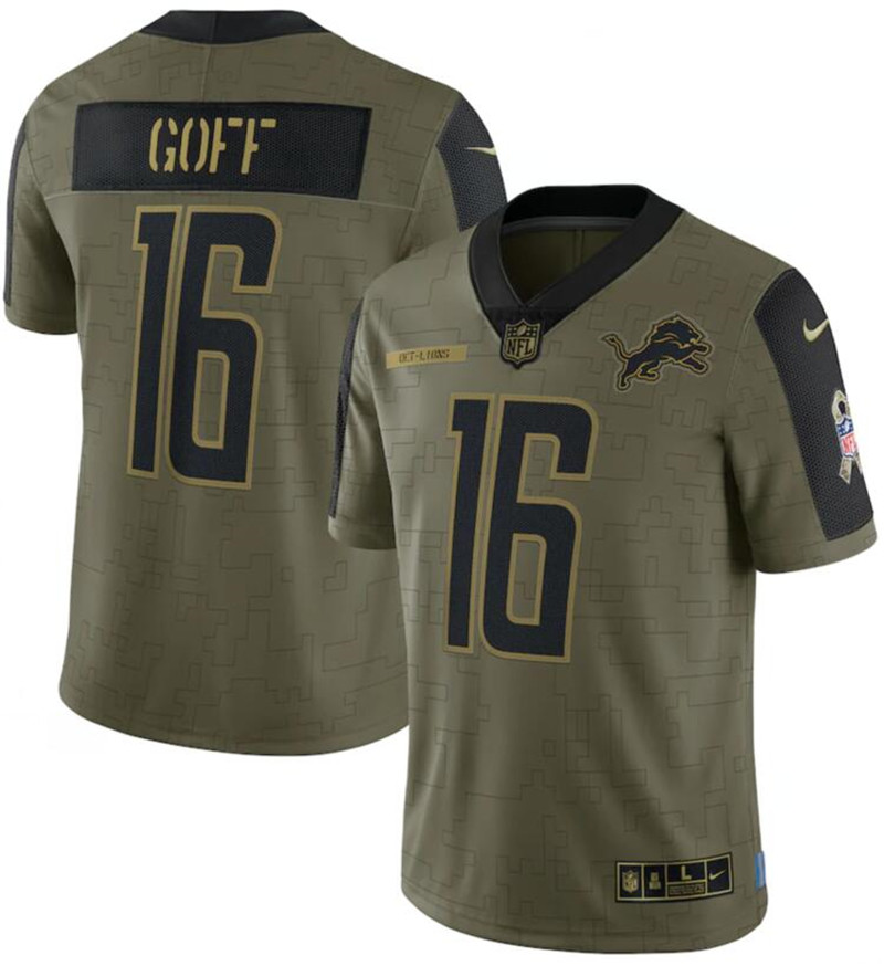 Nike Lions 16 Jared Goff Olive 2021 Salute To Service Limited Jersey