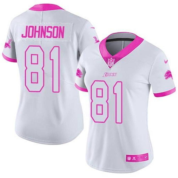  Lions 81 Calvin Johnson White Pink Women Rush Fashion Limited Jersey