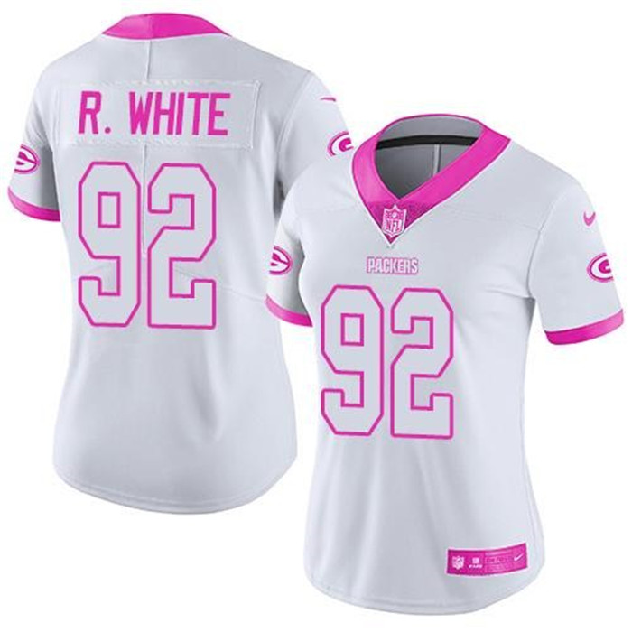  Packers 92 Reggie White White Pink Women Rush Limited Jersey