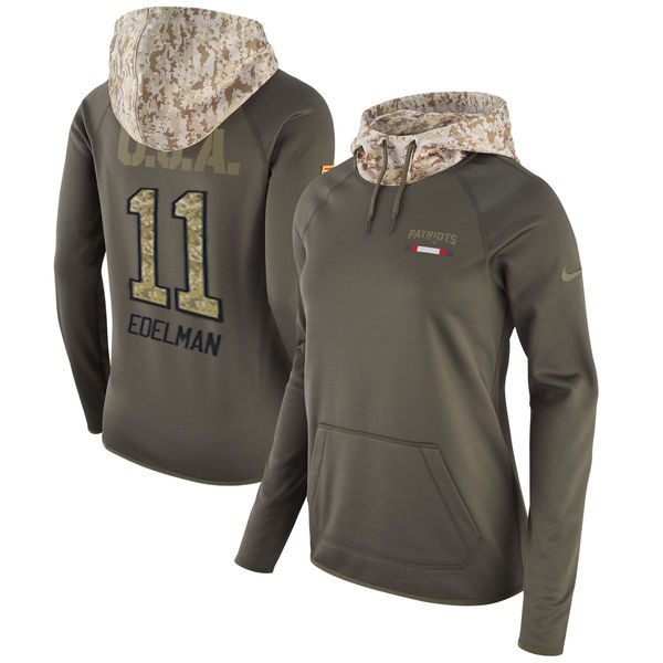  Patriots 11 Julian Edelman Olive Women Salute To Service Pullover Hoodie