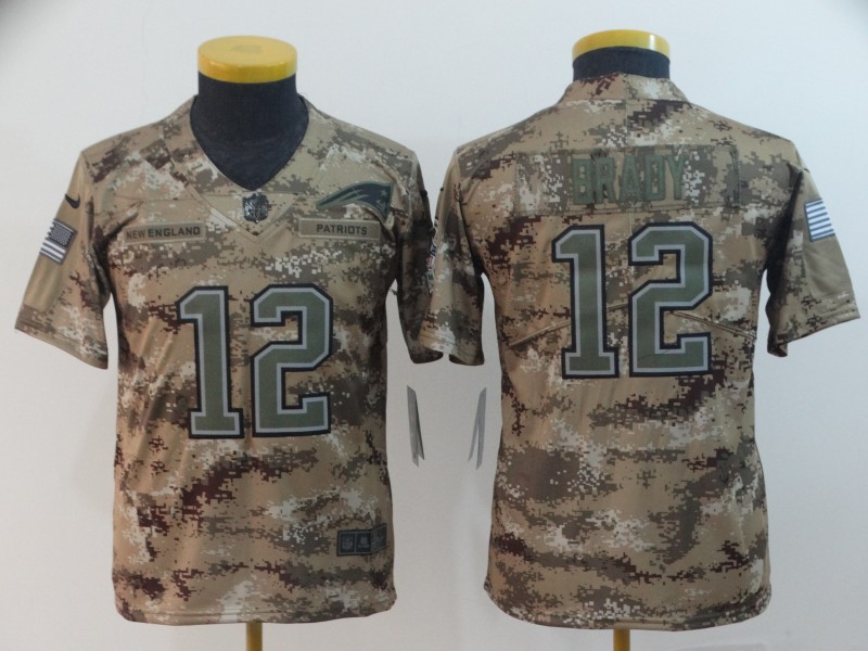  Patriots 12 Tom Brady Camo Youth Salute To Service Limited Jersey