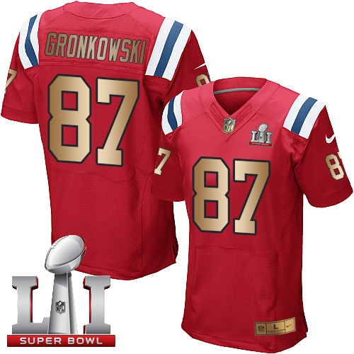  Patriots 87 Rob Gronkowski Red Alternate Super Bowl LI 51 Men Stitched NFL Elite Gold Jersey