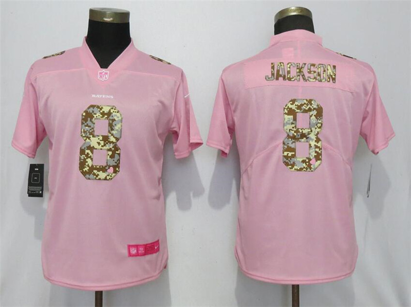 Nike Ravens 8 LaMar Jackson Pink Camo Fashion Women Limited Jersey