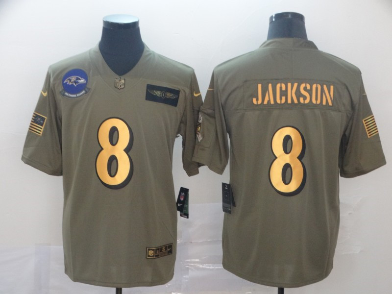 Nike Ravens 8 Lamar Jackson 2019 Olive Gold Salute To Service Limited Jersey