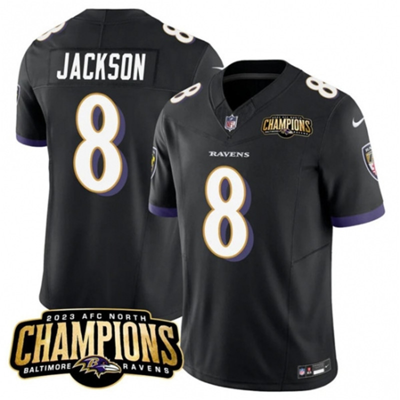 Nike Ravens 8 Lamar Jackson Black 2023 FUSE AFC North Champions Vapor Limited Football Stitched Jersey