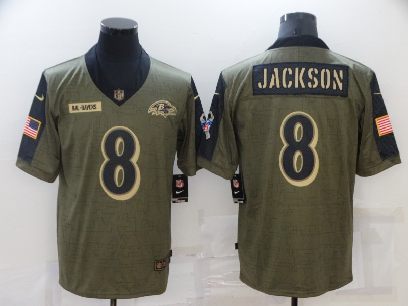 Nike Ravens 8 Lamar Jackson Olive 2021 Salute To Service Limited Jersey