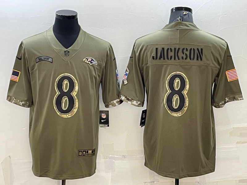 Nike Ravens 8 Lamar Jackson Olive 2022 Salute To Service Limited Jersey
