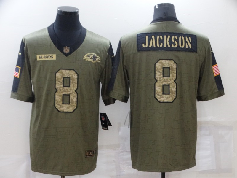 Nike Ravens 8 Lamar Jackson Olive Camo 2021 Salute To Service Limited Jersey