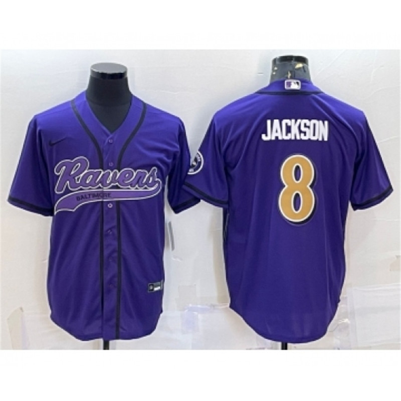 Nike Ravens 8 Lamar Jackson Purple Gold With Patch Cool Base Stitched Baseball Jersey