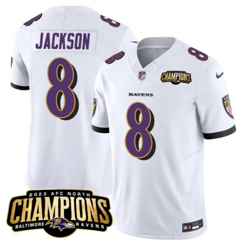 Nike Ravens 8 Lamar Jackson White 2023 FUSE AFC North Champions Vapor Limited Football Stitched Jersey