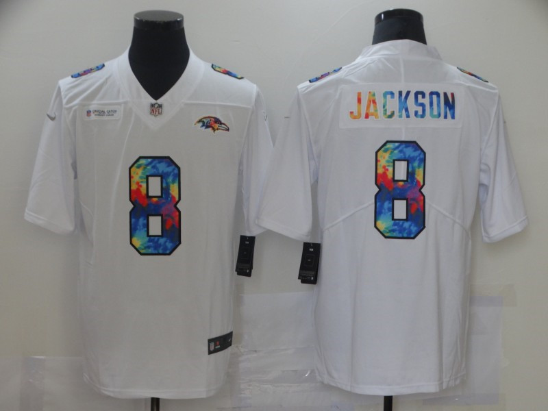 Nike Ravens 8 Lamar Jackson White Vapor Untouchable Rainbow Limited Jersey