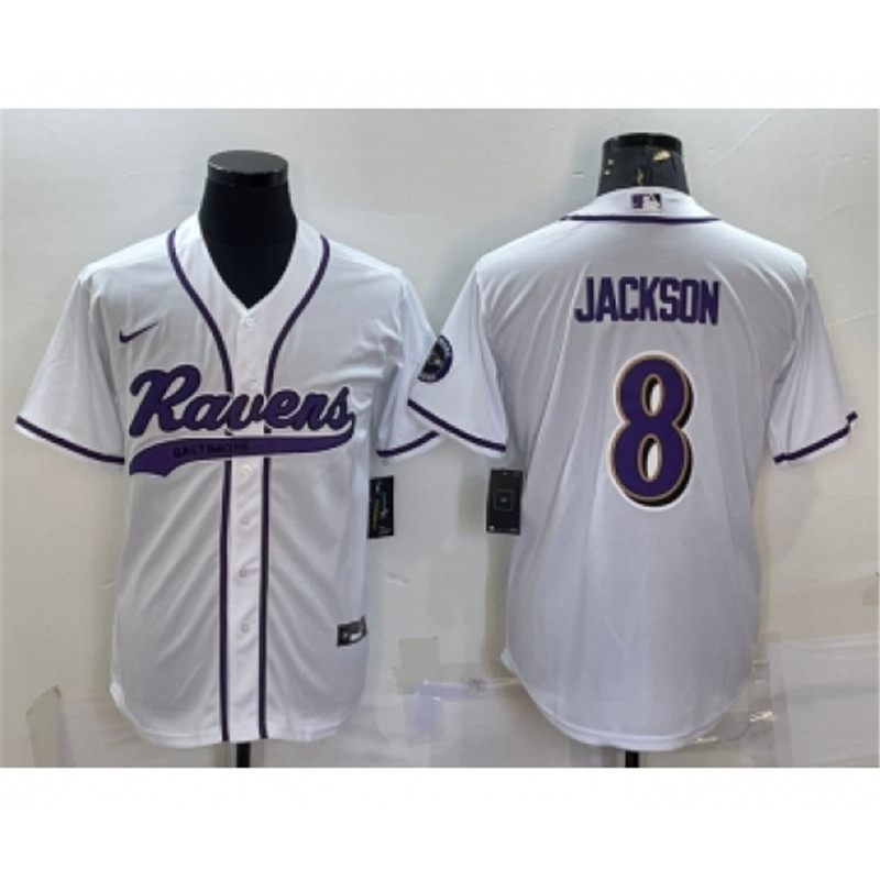 Nike Ravens 8 Lamar Jackson White With Patch Cool Base Stitched Baseball Jersey