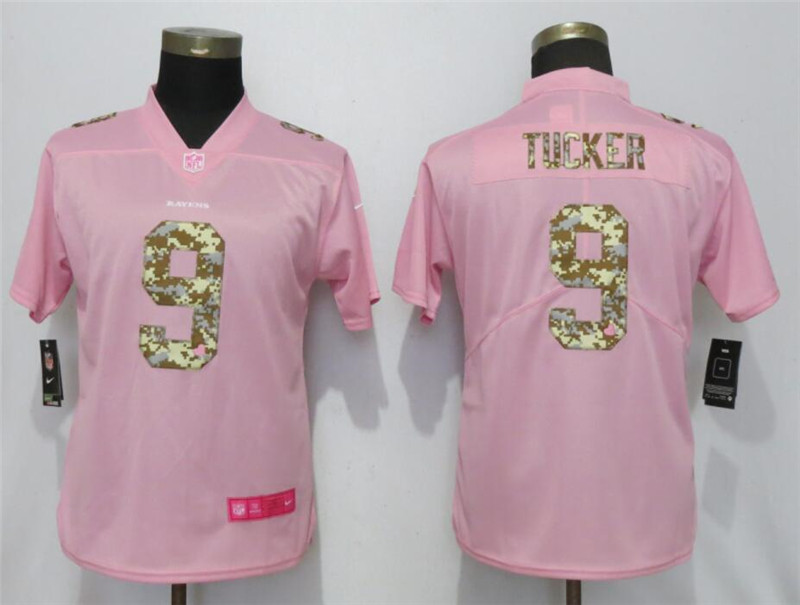 Nike Ravens 9 Justin Tucker Pink Camo Fashion Women Limited Jersey