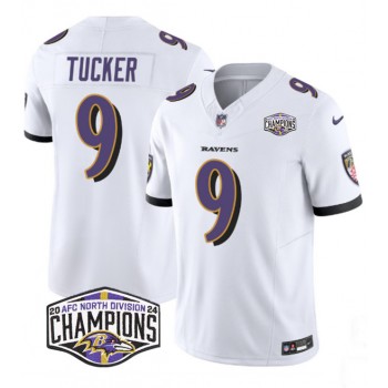 Nike Ravens 9 Justin Tucker White 2024 AFC North Division Champions F.U.S.E. Vapor Limited Men Jersey