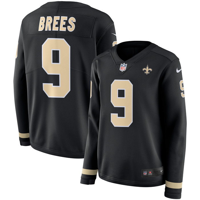  Saints 9 Drew Brees Black Women Therma Long Sleeve Jersey