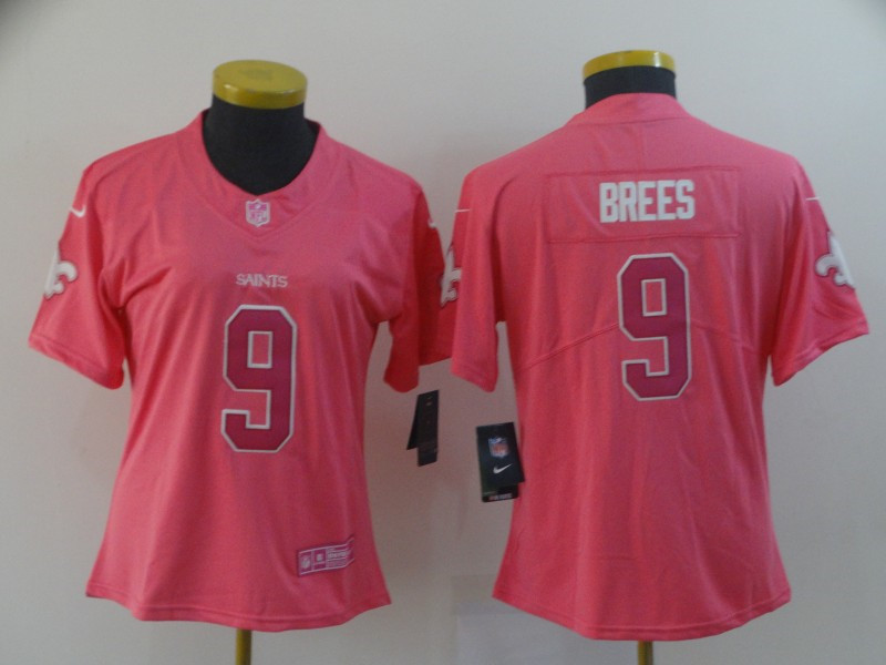 Nike Saints 9 Drew Brees Pink Women Rush Fashion Limited Jersey