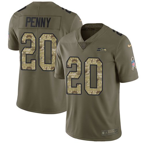  Seahawks 20 Rashaad Penny Olive Camo Salute To Service Limited Jersey