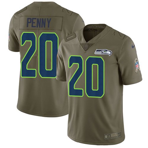  Seahawks 20 Rashaad Penny Olive Salute To Service Limited Jersey