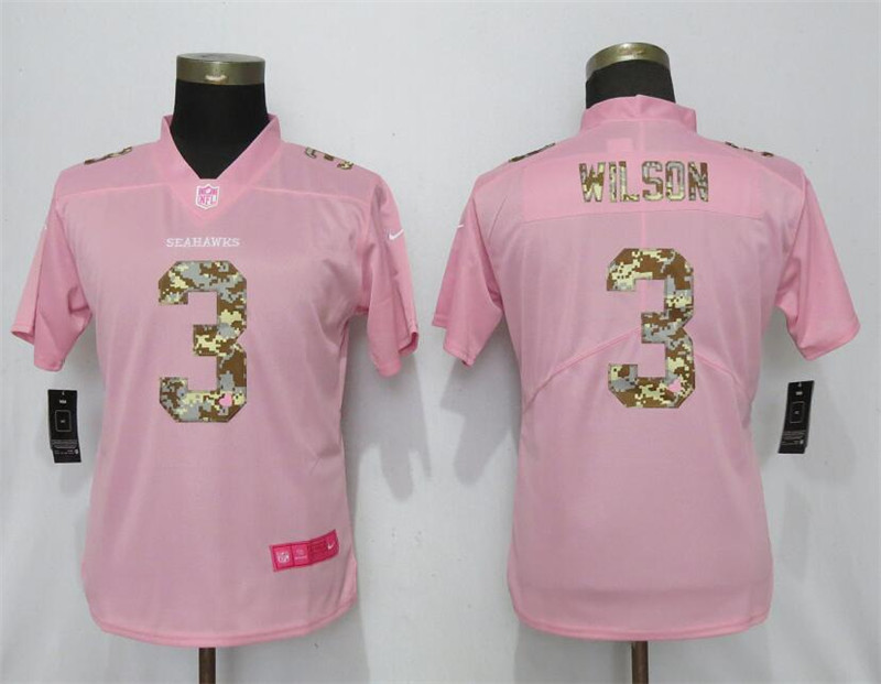 Nike Seahawks 3 Russell Wilson Pink Camo Fashion Women Limited Jersey