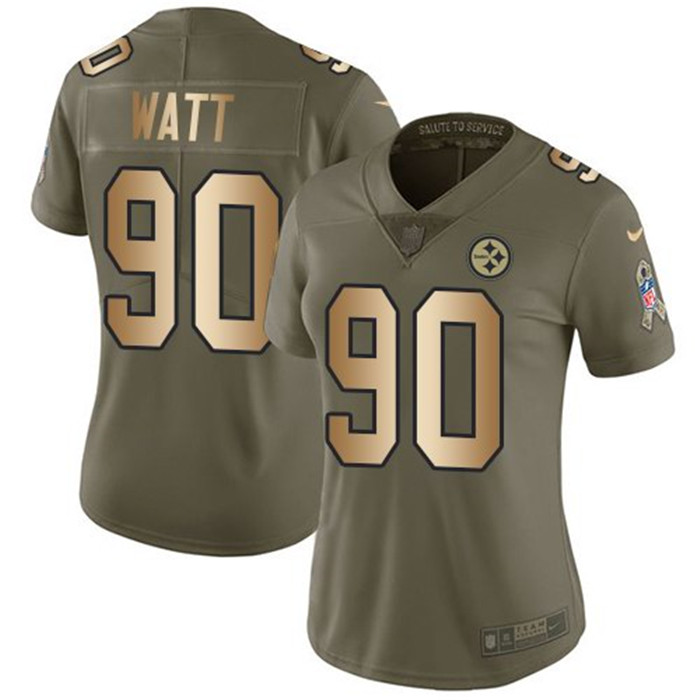  Steelers 90 T.J. Watt Olive Gold Women Salute To Service Limited Jersey